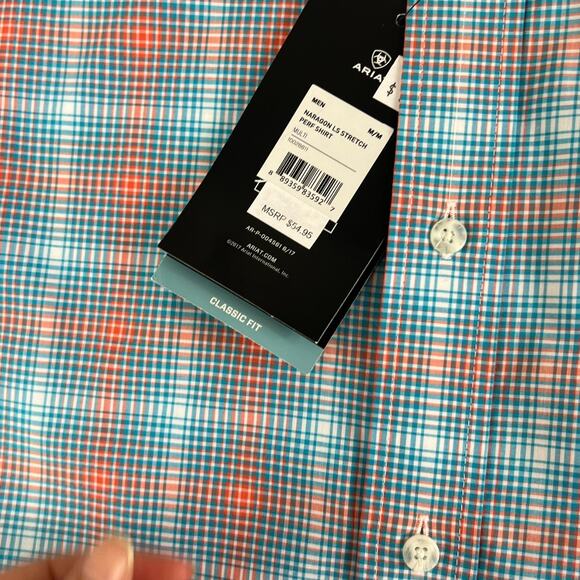 Ariat Button Up Shirt Men's M Naragon LS Stretch Orange Blue Plaid Classic NWT - Picture 8 of 15